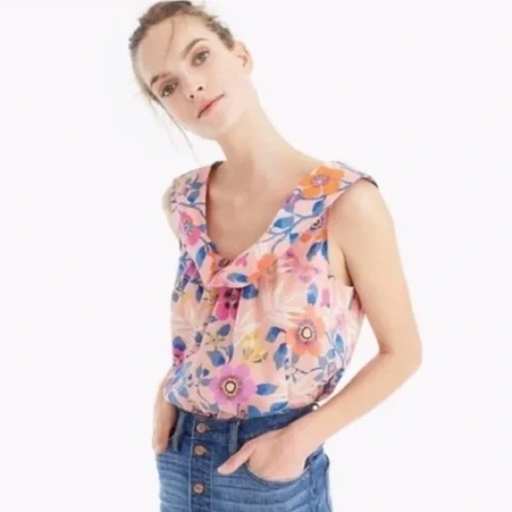 J. Crew Floral Pink & Blue Sleeveless Ruffle-Detail Top